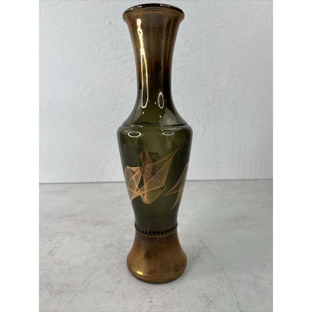 Midcentury modern green smoked glass bud‎ vase 1960s 1970s Wheatonware 11.2”